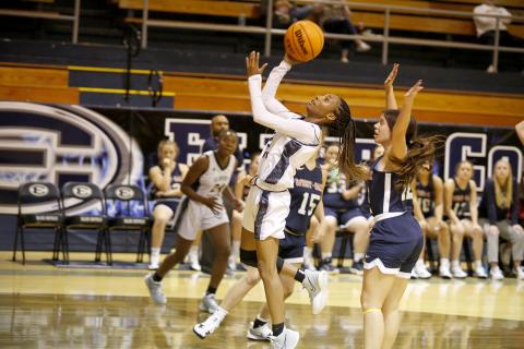 Junior Niya Moon goes for a layup during Thursday’s scrimmage against West Oak in the Inferno. The Lady Devils, along with head coach Josh Jones, are looking to bring home a state championship this season. (Photo by Scoggins)