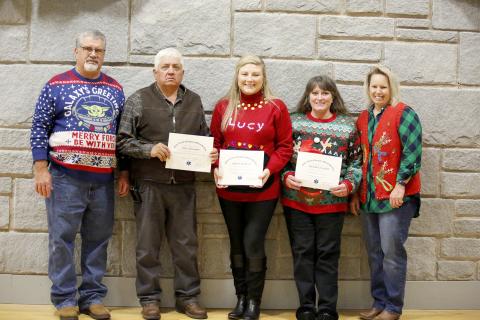 Elbert County Emergency Medical Services (EMS) honored members of the staff as First Responder, EMT, Paramedic and Communications Officer of the Year during their annual Christmas banquet and awards Thursday, Dec. 2 in the Historic Rock Gym. Pictured above are EMS Director Chuck Almond, First Responder of the Year Chris Alexander, EMT of the Year Sydney McIntosh, Paramedic of the Year Michelle Cleveland and EMS Deputy Director Beth Seymour. (Photo by Scoggins)