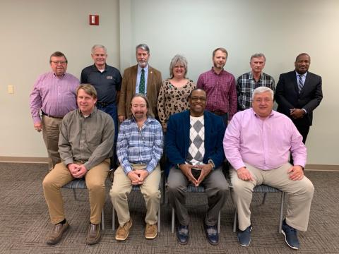 The full Elbert Memorial Hospital Authority Board met for the first time Tuesday, Nov. 30 at Athens Tech after the newest board member, Darin Rucker, was sworn in as a member. The authority board includes (front row, L-R) Chairman Leon Jourolmon, Vice Chairman Max Black, treasurer Kam McClary and secretary Scott Wilson; (back row, L-R) Dan McAvoy, Tom Steele, Steve Jenkins, Tammy Dalton, Matthew Jenkins, Mike Webb and Rucker. (Photo by Scoggins) 