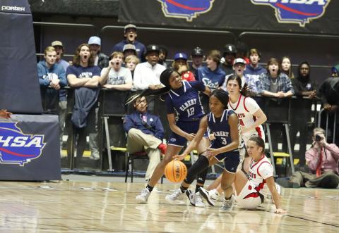 Elbert County Lady Devil fans in the background were shocked after junior guard Aaniyah Allen makes a steal and leaves a Rabun County Ladycat on the floor of the Macon Coliseum during Thurday’s state championship game. The Lady Devils defeated Region 8AA foe Rabun County 52-44 to bring home the program’s first state championship title. (Photo by Scoggins) 