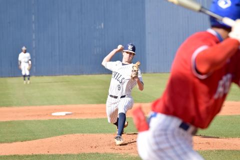 Senior Caden Brown throws a pitch during the first game against Oglethorpe County High School Thursday, April 7. (Photo by Shane Scoggins, Publisher of the Franklin County Citizen)