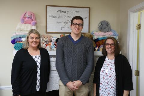 Harmony House’s (L-R) Client Services Advocate Jennifer Rainer, Mental Health Counselor Darrin Haley and Outreach/Volunteer Coordinator Wendy Risner are working to bring community awareness to what Harmony House does during National Child Abuse and Sexual Assault Awareness Month. (Photo by Scoggins) 