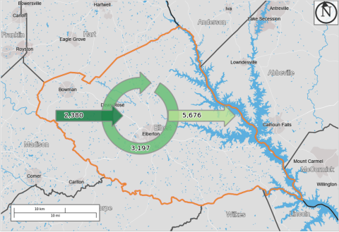 According to the United States Census Bureau’s data from the United States Census for the year 2019, 5,676 people in Elbert County’s workforce leave the county for work while 3,197 people in Elbert County live and work within the county. The data also shows that 2,380 people that live in other counties enter the county for work. (Photo from the United States Census Bureau’s inflow/outflow counts of all jobs for Elbert County from 2019) 