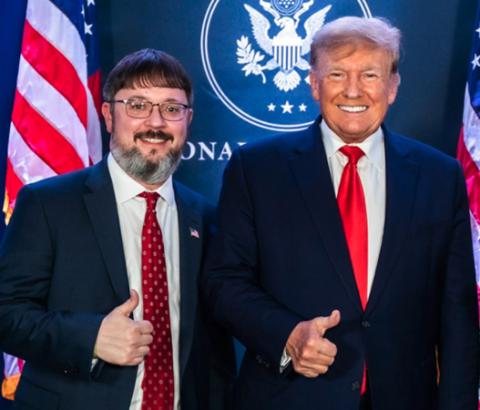 Elbert Memorial Hospital Chief Executive Officer Kerry Trapnell (left) is pictured with former President Donald Trump at a rally for Trump in Commerce March 26. The photo was posted on Trapnell's Facebook page, which has since been deactivated.