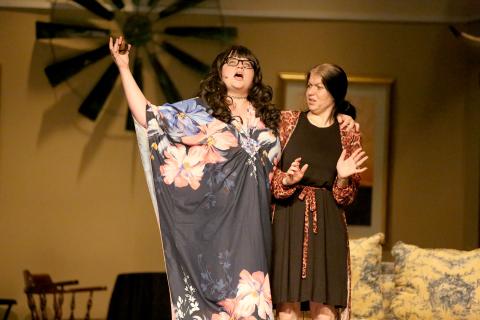 Molly Barrow plays Gentle Harmony (left) while Kayla Hiott plays Peaches Verdeen Belrose in the upcoming production of ‘Rex’s Exes’ at the Elbert Theatre. The show opens Friday, June 3 and runs two weekends. (Photo by Scoggins) 