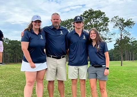 Elbert County golfers Abby Bryant, Ava Dye and Brady Starrett were selected to participate in the Georgia High School Golf Coaches Association North/South All-Star Event in Moultrie June 7 through June 9. Pictured during the event are (L-R) Dye, Head Coach Larry Kesler, Starrett and Bryant. 