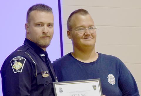 Elbert County Sheriff’s Office Cadet Explorer Cole Nix (right) received the Lt. Rodney Pilgrim Leadership Award during the Explorers graduation held by the Royston Police Department Friday, July 22. 