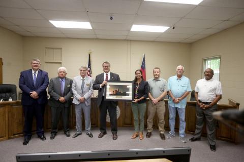 Georgia House Rep. Rob Leverett was honored by the Association of County Commissions of Georgia (ACCG) during Monday’s Elbert County Board of Commissioners meeting with a 2022 Legislative Service Award. Pictured during the meeting are (L-R) County Attorney Bill Daughtry, commissioners Chris Alexander and Casey Freeman, Leverett, Kathleen Bowen from the ACCG, commission chairman Lee Vaughn and commissioners Kenneth Ashworth and Freddie Jones. See the full press released on page 10. (Photo by Scoggins)