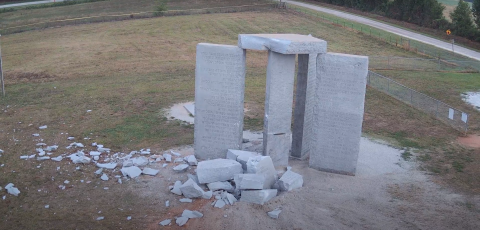Drone footage from Elbert County Emergency Services shows the aftermath of the bombing at the Georgia Guidestones Wednesday, July 6. After a request from the Georgia Bureau of Investigation, the Elbert County Board of Commissioners authorized the demolishing of the monument later that afternoon. (Photo taken via screen shot of drone footage from Elbert County Emergency Services)