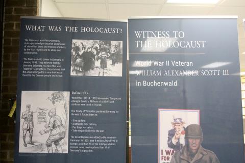 The first exhibit of a three-exhibit tour on the Holocaust is on display at the Elbert County Public Library until Aug. 22. The second exhibit will begin Aug. 29. (Photo by Scoggins) 