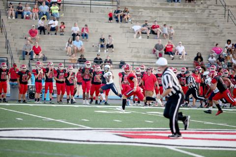 Devil Christian Harris intercepted a Stephens County pass for a 69-yard touchdown during the first half of Friday’s scrimmage. (Photos by Scoggins)  