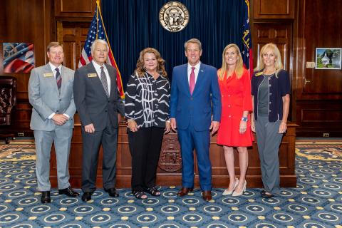 Pictured during McCall’s swearing in ceremony in the governor’s office Aug. 25 are (L-R) Georgia Vocational Rehabilitation Agency Board Member Craig Camuso, Board Chair Tom Wilson, Board Member Jane Gaines McCall, Gov. Brian Kemp, First Lady Marty Kemp and Board Secretary Sandy Adams.