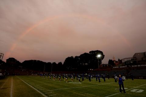 A rainbow appeared over the Granite Bowl during the pre-game festivities of Thursday’s homecoming football game. The game was rescheduled to Thursday as a precaution to potential weather impacts from Hurricane Ian. (Photo by Scoggins) 