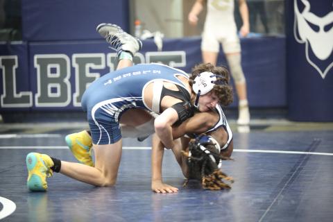 Elbert County Middle School Mat Ram wrestled with the junior varsity Mat Devils during the JV Inferno Invitational Tuesday, Nov. 22. Fleming finished third in the 106-pound weight class for the day. (Photo by Wells)