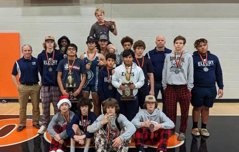 The Elbert County Middle School Mat Rams finished in second place during the region duals at Hart County Dec. 10. Pictured following the meet are (first row, L-R) Cruz Floyd, Lane Fleming, Brycin Hughes and Matt Coker; (second row, L-R) Coach Eli West, Owen Robertson, Alvin Medellin, Kaden Montgomery, Justin Skelton and  Jesus Mills; (third row, L-R) Javares Bowman, Rilee Rucker and Cooper West, Rashaad Moss, T.J. Osborne, Coach Marc Fleming, Hudson Fleming and Brenton Willis.