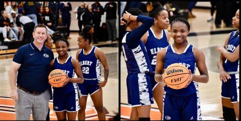 Senior Lady Devil Terrace Hester hit her 1,000th career point during Elbert’s 82-51 win over Hart County Friday, Dec. 23. Hester was recognized for the achievement during the game. (Photos courtesy of Elbert Count True Blue Booster Club) 