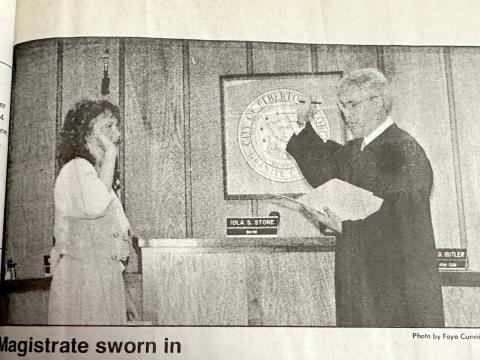 Chief Magistrate Judge Lanie Simmons (left) was sworn in by former Superior Court Judge John H. Bailey Jr. after being appointed to the position in July 1996. Simmons finished the remainder of former Chief Magistrate Marie Dewberry’s term and has been elected to six consecutive four-year terms. (Photo from the July 17, 1996 edition of The Elberton Star)
