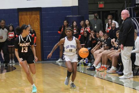 Lady Devil Terrace Hester takes the ball down the court during Elbert’s 68-44 win over Hart County in the Inferno Friday, Dec. 2. (Photo by Wells)