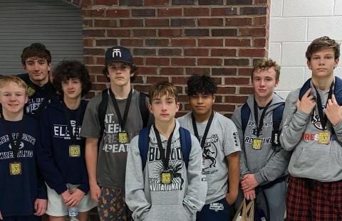 Junior varsity wrestlers who competed in the East Metro Tournament over the winter break and finished in the Top 6 in their weight division were (L-R) Cooper West, Rilee Rucker, Lane Fleming, Brycin Hughes, Cruz Floyd , Jesus Mills, Sawyer West and Hudson Fleming.  
