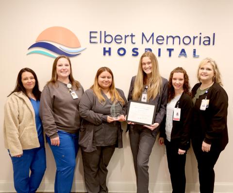 Pictured with Elbert Memorial Hospital’s patient safety and quality award are (L-R) Sarah Scott, RN, Sarah Lavere, RN, Jessica Bernal, CNA, Katie Johnson, CNA, Jessica Norris, Director of Quality and Tonya Chitwood, Interim CNO. (Photo by Scoggins)