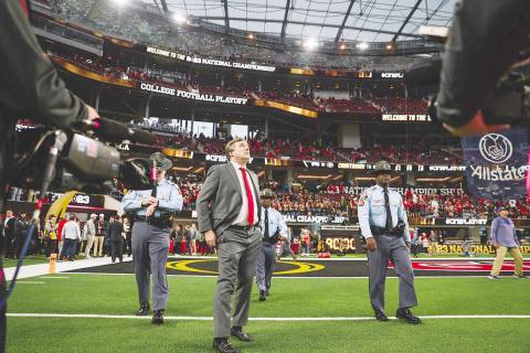 Elbert County native O’Neal Saddler (above left with University of Georgia Football Coach Kirby Smart) was on the sidelines of UGA’s most recent National Championship win Jan. 9 in Los Angeles. (Photo provided by Saddler)