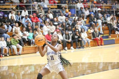 Senior Terrace Hester led the Lady Devils in scoring along with senior teammate Niya Moon. (Photo by Wells)  