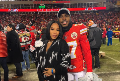 Former Blue Devil and University of Georgia Bulldog Mecole Hardman (right) welcomed a son with girlfriend Chariah Gordon (left) just hours after the Kansas City Chiefs won the Super Bowl Feb. 12. (Photo courtesy of Gordon’s social media) 