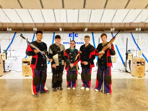 The Elbert County rifle team includes (L-R) Courtney Johnson, Palmer Matthews, Lina Keblish, Wyatt Stelter and Caleb Madden. 