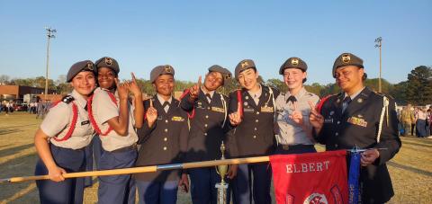 One of the Elbert County Comprehensive High School JROTC female armed squads brought home a state championship after the state drill team meet in Griffin March 25. Squad members include (L-R) Natasha DeLeon, Ke’Miyah Teasley, Chrisiya Harris, De’Asia Kinsey, Jolette Medina-Galvan, Jaelyn Massey and Kaleigha Montgomery.