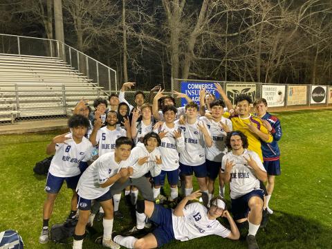 The Devils soccer team secured second place in Region 8A-D1 after defeating Commerce 8-4 in overtime on the road Feb. 28.