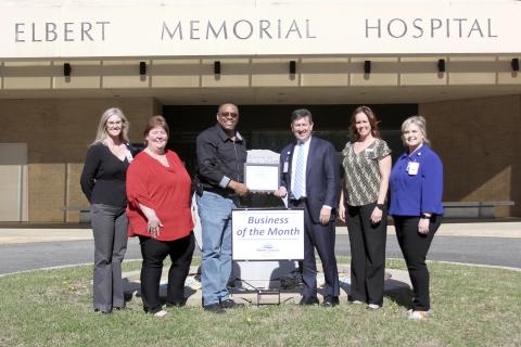 Elbert Memorial Hospital was named the Business of the Month for March by the Elbert County Chamber of Commerce. Pictured with a sign to be displayed in front of the hospital are (L-R) Director of Marketing and Patient Experience Rachel McCall, Chief Operating Officer Tammy Harlow, Chamber Chair Kam McClary, Chief Executive Officer Tyler Taylor, Chamber President Rebecca Holliday and Chief Nursing Officer Tonya Chitwood. (Photo by Wells)
