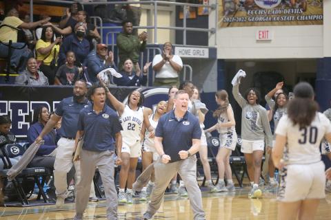 Coaches (L-R) James Allen, Donald Bolton and Josh Jones and the Lady Devils’ bench reacts during the Sweet Sixteen round of the GHSA state playoffs against Mt. Pisgah in the Inferno Feb. 24. (Photo by Scoggins)
