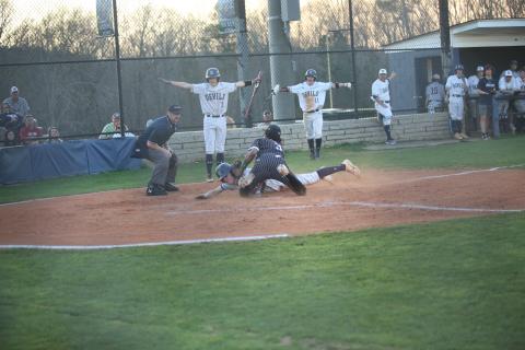 Devils (L-R) Eli Harris and Skylar Bray call Brooks Banks’ slide into home plate safe during the Devils’ 7-6 win over Tallulah Falls March 9 at Diamond Devil Field. (Photo by Wells)