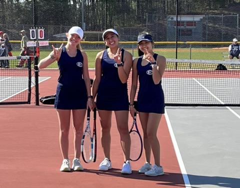 The Lady Devils tennis team, including (L-R) Jude Sanders, Emily Poon and Audrey Poon, finished in fourth place in the Region 8A-D1 tournament ar Rabun County April 12. 