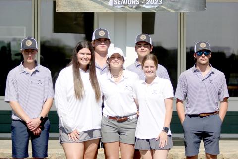 Golf seniors (front row, L-R) Jake Harper, Ava Dye, Abby Bryant, Emalise Andrews and Alex Dunbrack and (back row, L-R) Brady Starrett and Thomas Brady were honored during senior night March 30. (Photo by Wells) 
