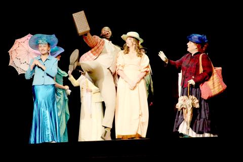 See this scene from “Hello, Dolly!” and cast members (L-R) Hannah Carey, Rendarris Gaines as “Ambrose Kemper,” Lana Stelter as “Ermengarde” and Lisa Walker as “Mrs. Dolly Gallagher-Levi,”  on The Elbert Theatre stage Friday, April 21 through Sunday, April 23 and Friday, April 28 through Sunday, April 30.  (Photo by Scoggins) 