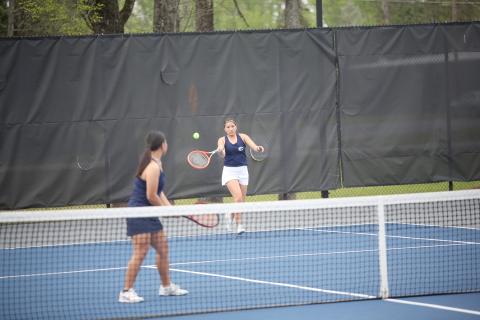 Lady Devil doubles partners Myla Warwick  (back) and Katie Nguyen (front) helped lead Elbert’s girls to securing the No. 3 seed heading into the Region 8A-D1 tournament. (Photo by Wells) 