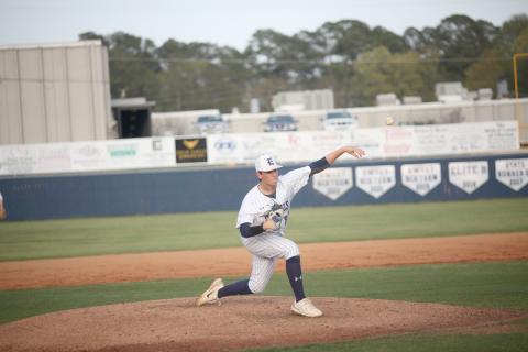 Haven Adams throws a pitch against Athens Christian at Diamond Devil field March 28. (Photo by Wells)