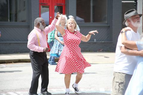 Members of the Happy Feet Dance Club including (L-R) Robert Davenport, Patsy Suttles, Carolyn Clarke and Richard Peek enjoyed dancing to the music of the County Line Jazz Ensemble at the Bowman Spring Festival Saturday, April 22. For more photos, see page 4A. (Photos by Scoggins)