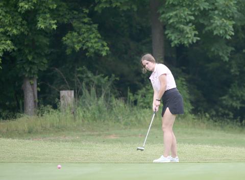 Senior Emalise Andrews was in full swing at Arrowhead Pointe Golf Course Monday at the start of the GHSA Single A Division 1 State Championship. (Photos by Wells) 