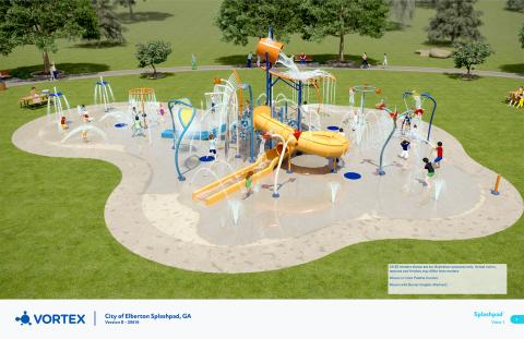 The City of Elberton approved a splash pad project that will be similar to the above 3D rendering from Vortex International. The 5,000 square foot project will include the splash pad with 40 water spray features, two slides and a dumping bucket as well as restrooms, a parking area and fencing. 
