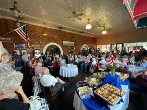 A large crowd gathered at the Elbert County Republican Party meeting June 8 at McIntosh Coffee Shoppe to listen to Elbert County Chief Appraiser Doug Kirkpatrick explain the property revaluation process. The Republican Party will host another meeting Thursday, June 15 at 6:30 p.m. in the Elbert County Government Complex cafeteria. (Photo by Scoggins)
