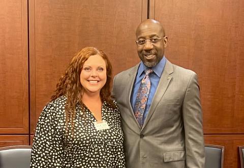 The Medical Center of Elberton’s Practice Administrator Brooke McDowell poses with Georgia Senator Raphael Warnock after their “Coffee with a Senator” meeting in the United States Capitol building June 22. (Photo by Hall) 