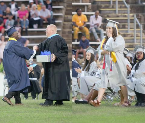 Graduating seniors Callie Moss (right) and Marquaveon “Quay” Johnson (left with Principal Josh Rider) were the recipients of Elbert County Comprehensive High School’s annual Faculty and Principal’s Cup.
