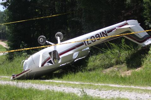 A plane flown by an Abbeville, South Carolina resident crashed off the end of the Elbert County Airport after a mechanical issue prevented the pilot from clearing the treeline. Airport Manager Randy Haralson said there were no injuries, but the plane was totaled. (Photo by Wells) 