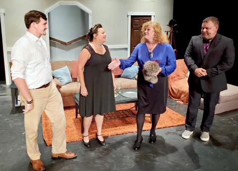 “Artifice” cast members (L-R) Walt Gaines as “Trent,” Jennifer White as “Maggie,” Amanda Gaines as “Judith” and Justin Mitchell as “Richard” will take The Elbert Theatre stage this weekend. (Photo by Toni King)