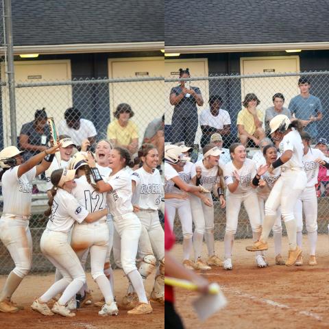Emily Booth (left) and Ky Dubose (right) were swarmed at the plate by their teammates after giving Elbert the lead with a solo home runs in the fifth inning. (Photos by Wells) 