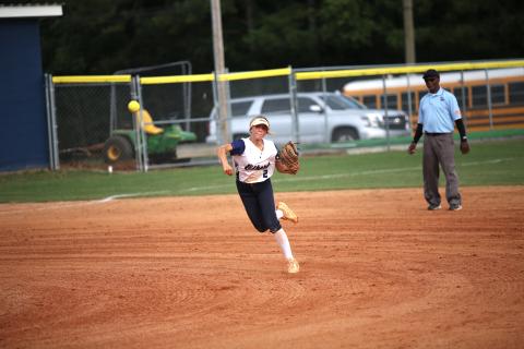 Elbert County Lady Devil senior Gracie Brady throws a runner out at first during a 2022 matchup with Stephens County. Elbert is scheduled to kick off the 2023 Softball season on the road against Stephens County Aug. 4. (File photo by Wells)