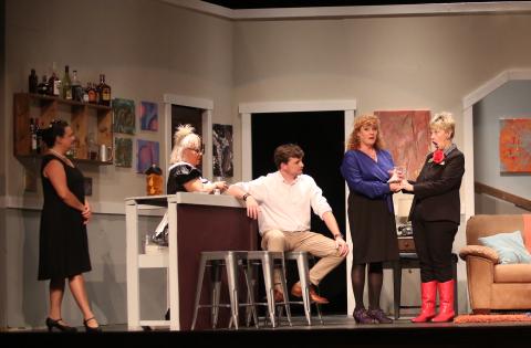 See “Artifice” cast members (L-R) Sonja Thompson as “Graciela,” Walt Gaines as “Trent Matlock,” Amanda Gaines as “Judith Fontaine” and Shirley Dillard as “Mick Fitzgerald” during the final weekend of performances at The Elbert Theatre Friday, Sept. 1 through Sunday, Sept. 3. (Photo by Wells)