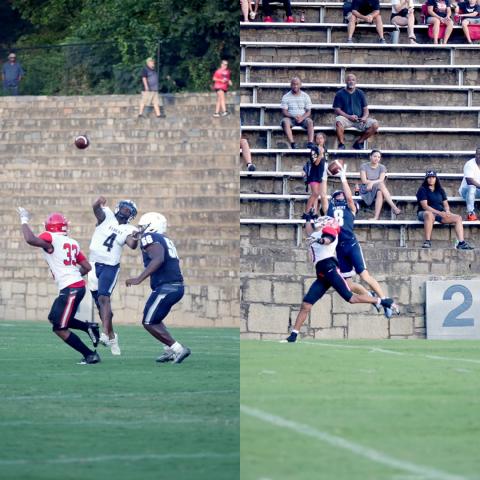 Left, senior Eli Harris catches a 48-yard touchdown pass from quarterback Jayvyn Hickman to score the Devils’ first touchdown during a scrimmage against Stephens County in the Granite Bowl Aug. 4. Right, Hickman throws a pass during the scrimmage. (Photos by Wells) 